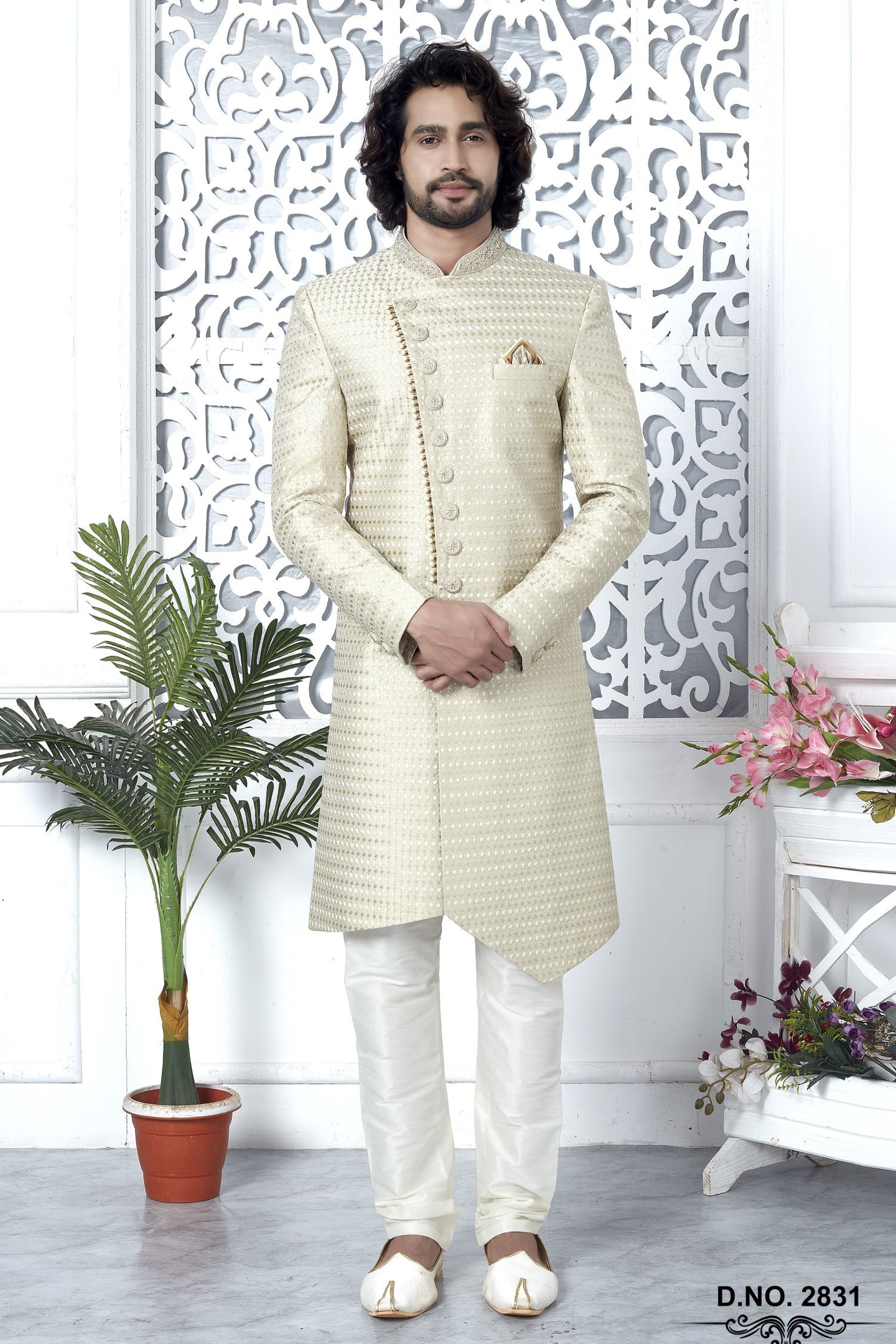Ivory Art Silk Embroidery Mens Kurta for Wedding & Pajama Sherwani