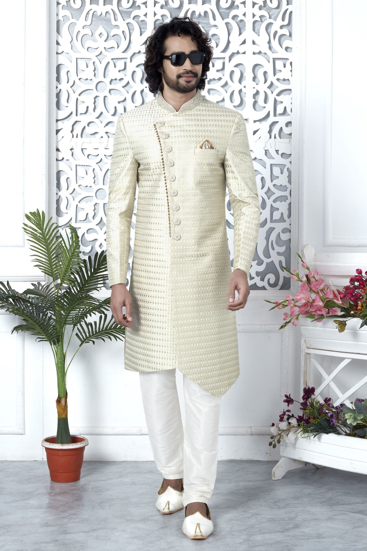 Ivory Art Silk Embroidery Mens Kurta for Wedding & Pajama Sherwani