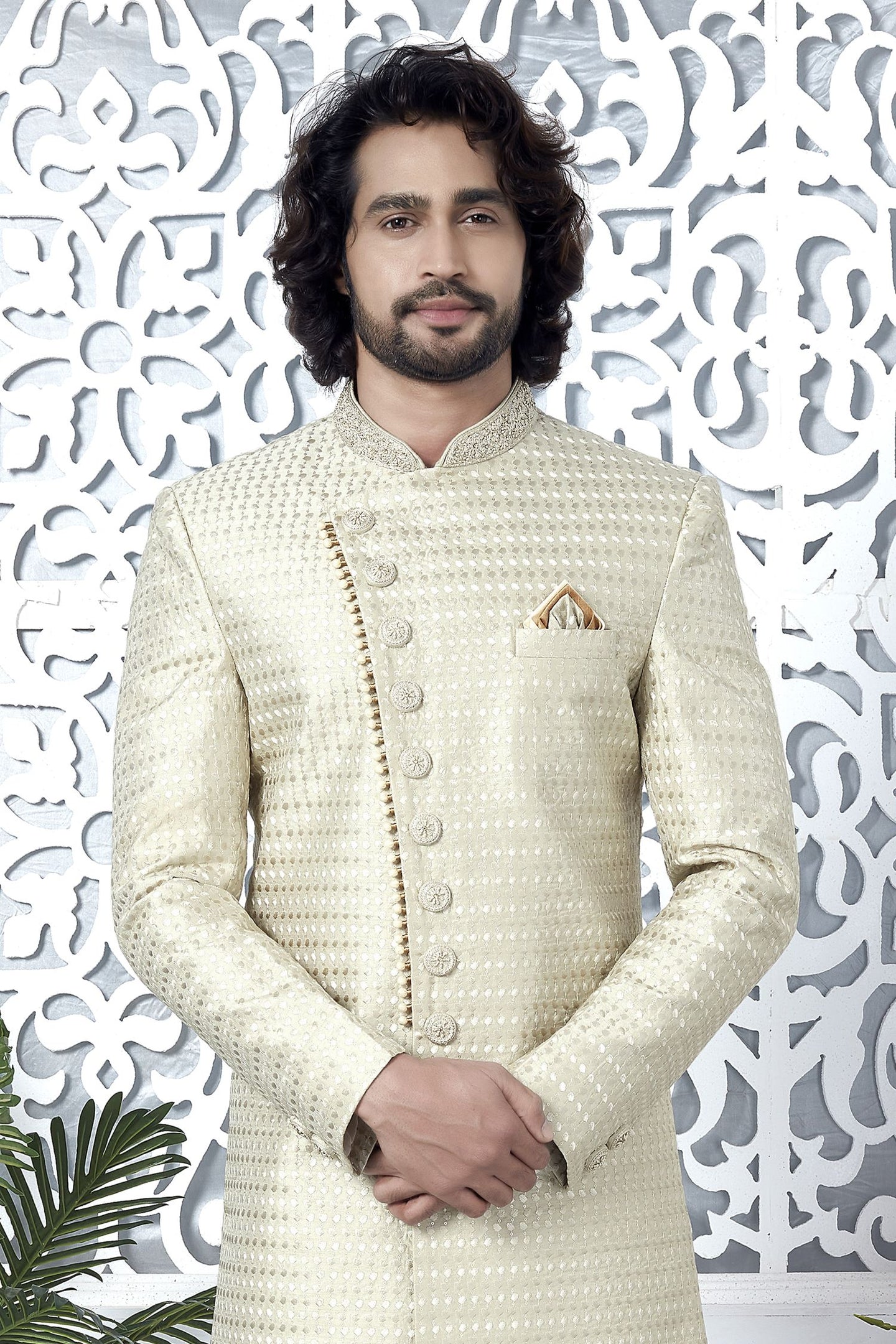 Ivory Art Silk Embroidery Mens Kurta for Wedding & Pajama Sherwani