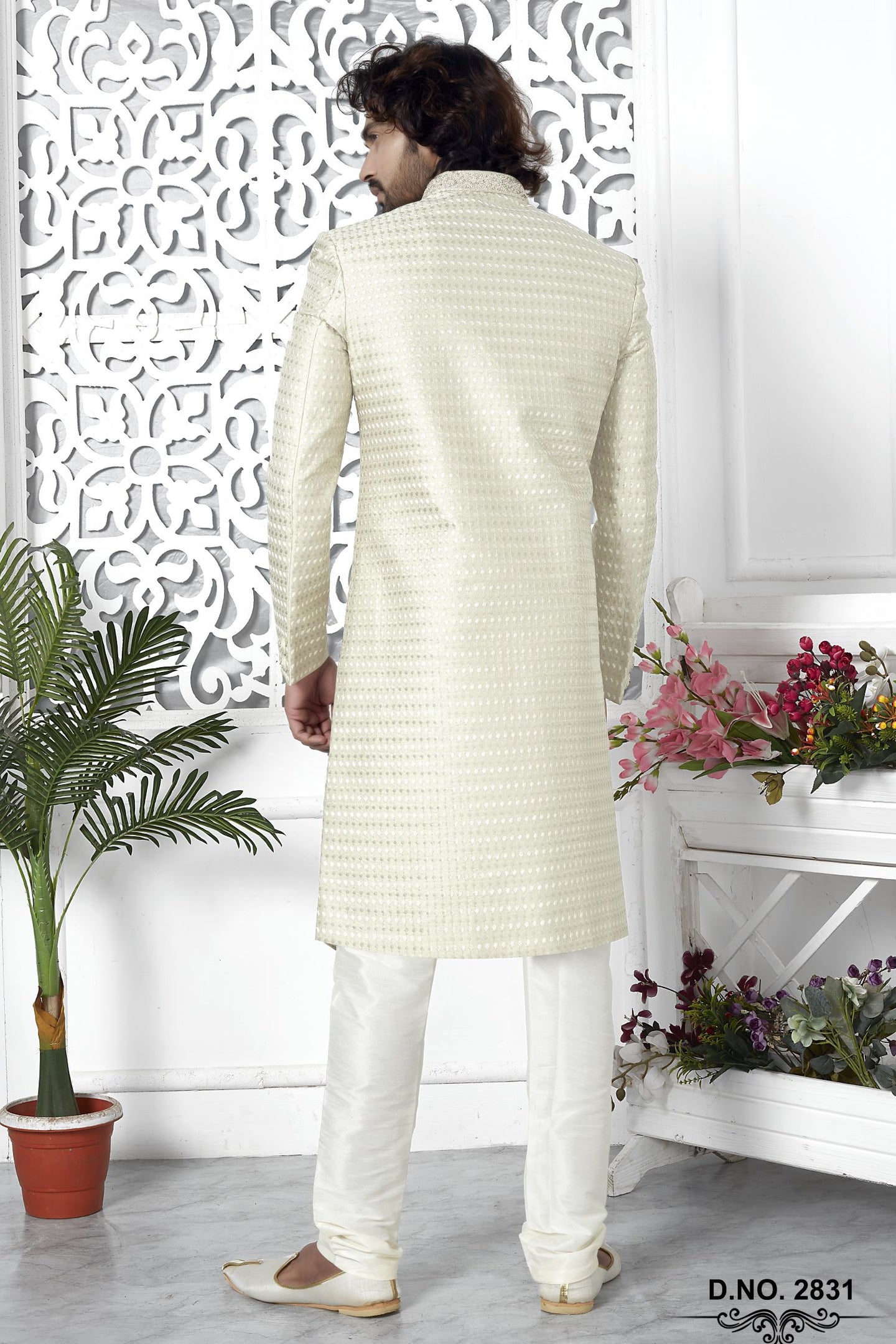 Ivory Art Silk Embroidery Mens Kurta for Wedding & Pajama Sherwani