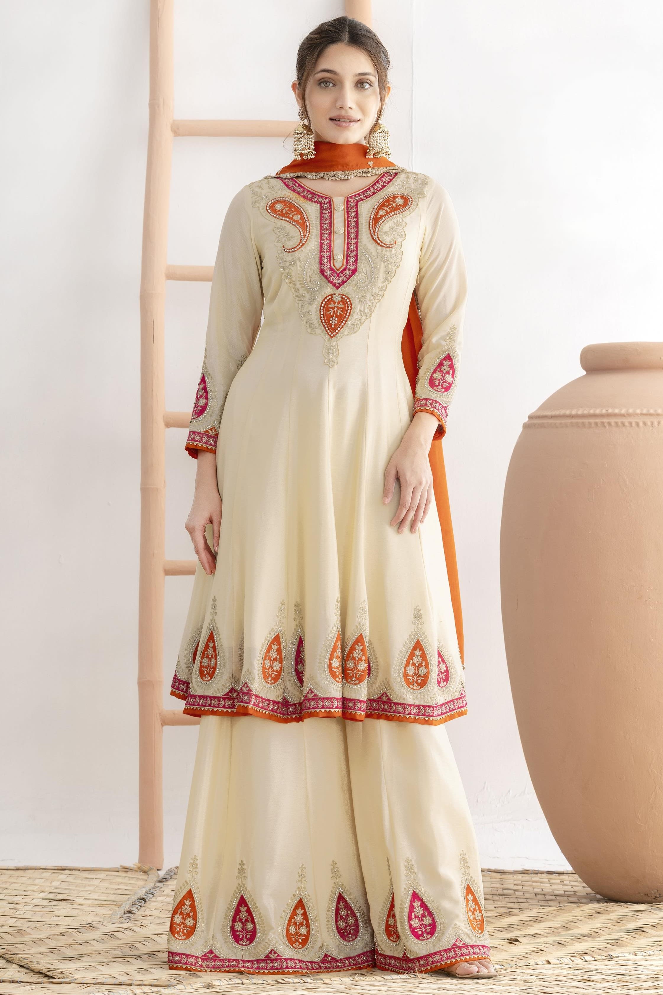 Cream Chinon Silk Plazo Suit For Indian & Pakistani Wedding Festival - Swarovski Work, Dabka Work, Thread Embroidery Work