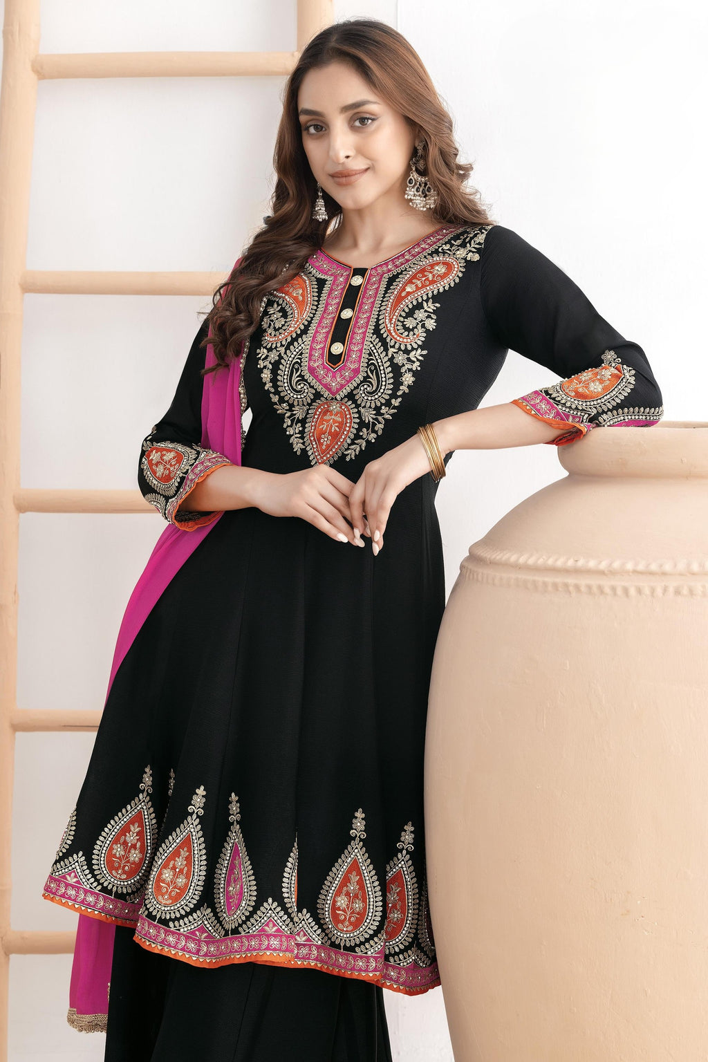 Black Chinon Silk Plazo Suit For Indian & Pakistani Wedding Festival - Swarovski Work, Dabka Work, Thread Embroidery Work