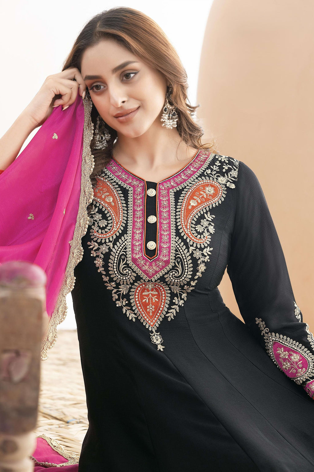 Black Chinon Silk Plazo Suit For Indian & Pakistani Wedding Festival - Swarovski Work, Dabka Work, Thread Embroidery Work
