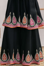 Black Chinon Silk Plazo Suit For Indian & Pakistani Wedding Festival - Swarovski Work, Dabka Work, Thread Embroidery Work