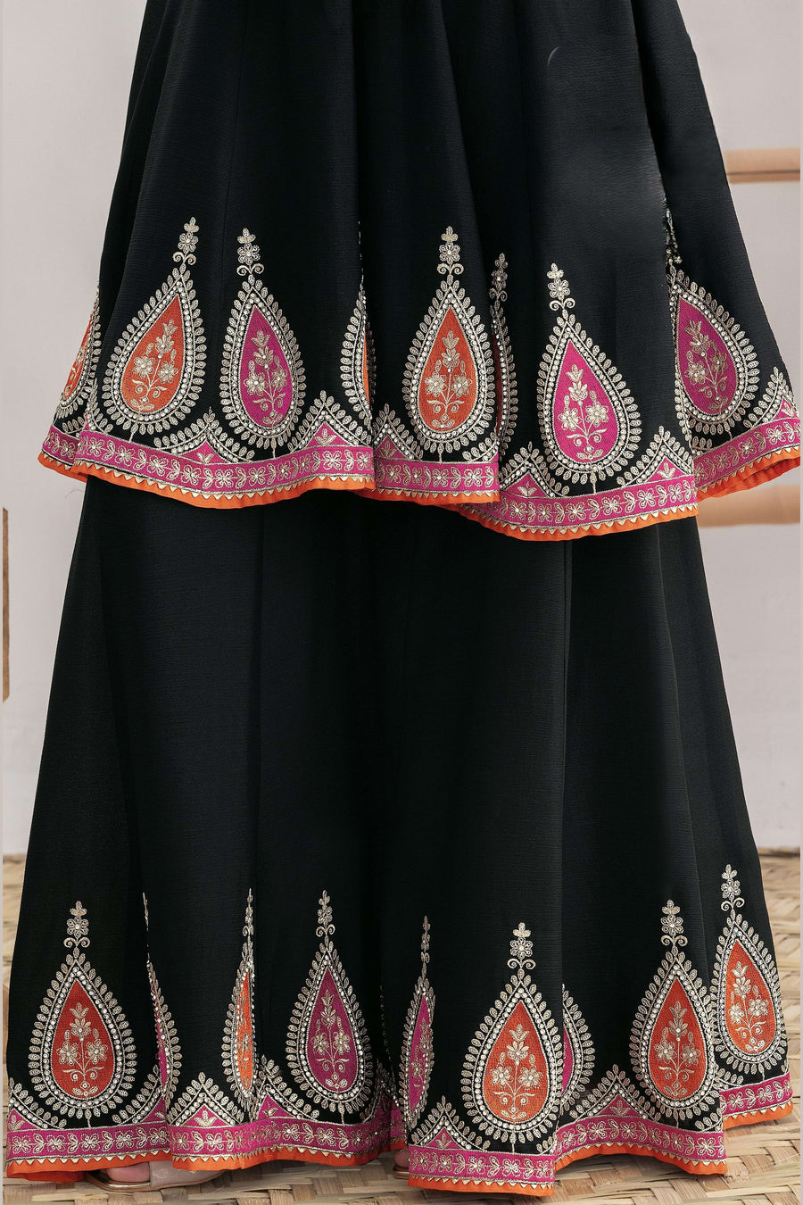 Black Chinon Silk Plazo Suit For Indian & Pakistani Wedding Festival - Swarovski Work, Dabka Work, Thread Embroidery Work