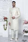 Light Golden Art Silk Mens Kurta for Wedding & Pajama with Embroidery Work