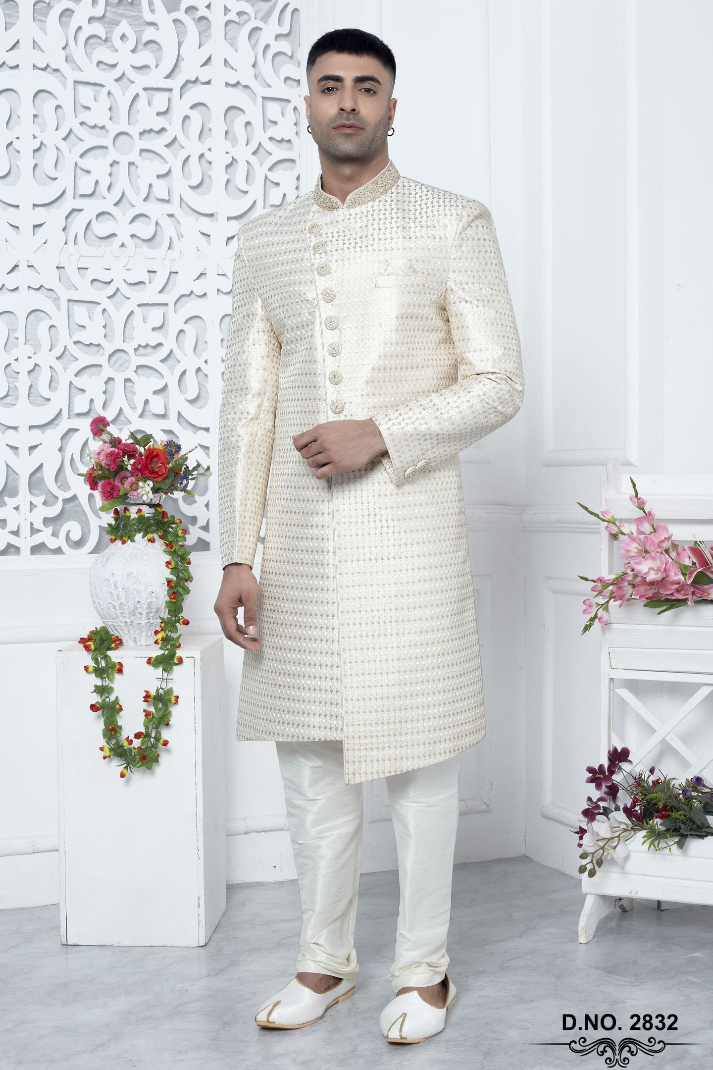 Light Golden Art Silk Mens Kurta for Wedding & Pajama with Embroidery Work