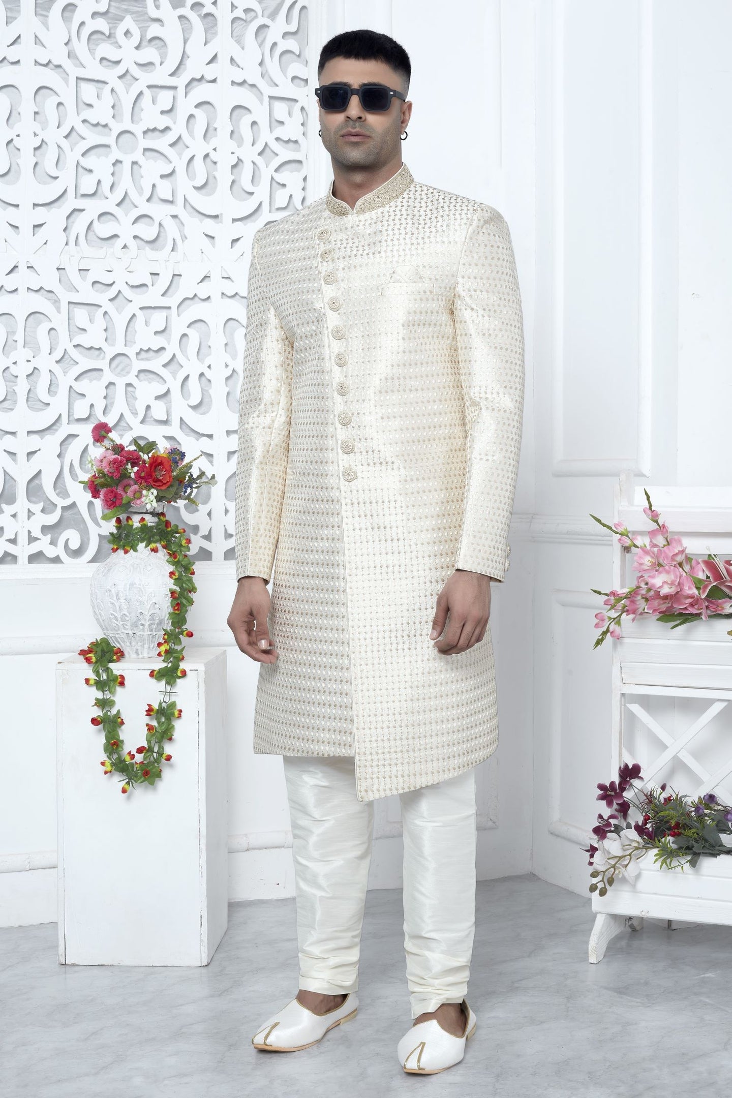 Light Golden Art Silk Mens Kurta for Wedding & Pajama with Embroidery Work