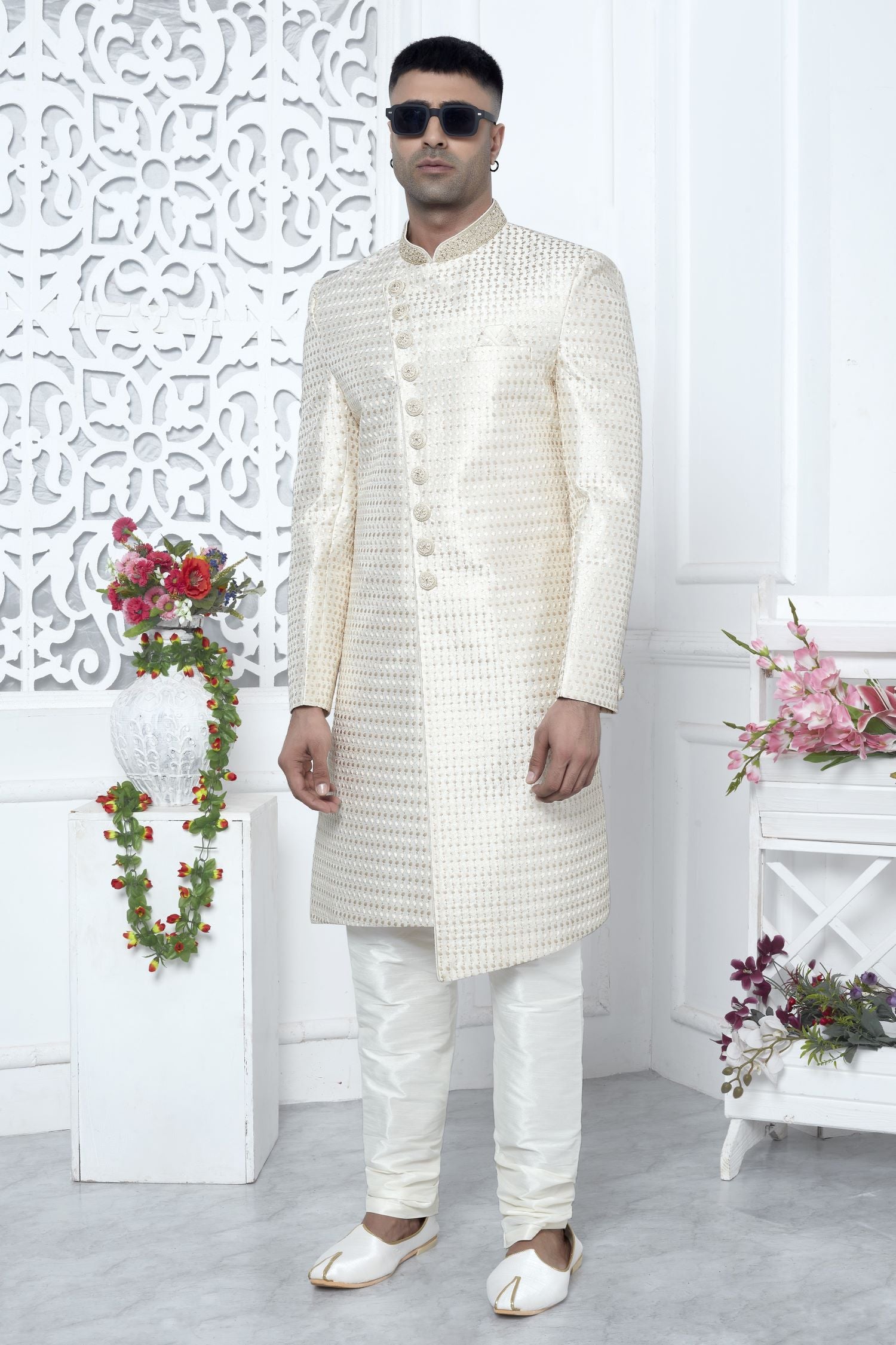 Light Golden Art Silk Mens Kurta for Wedding & Pajama with Embroidery Work