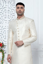 Light Golden Art Silk Mens Kurta for Wedding & Pajama with Embroidery Work