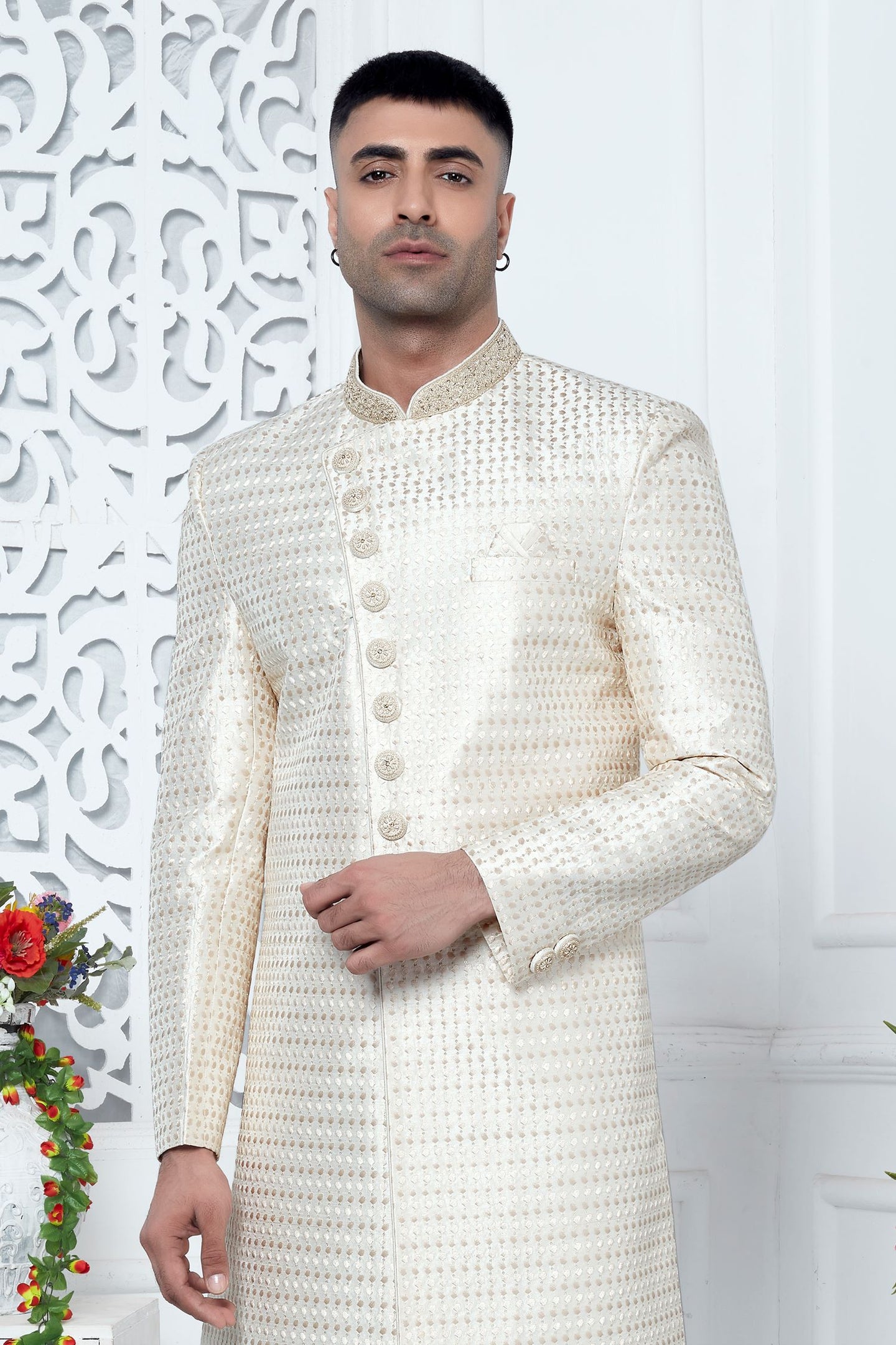 Light Golden Art Silk Mens Kurta for Wedding & Pajama with Embroidery Work