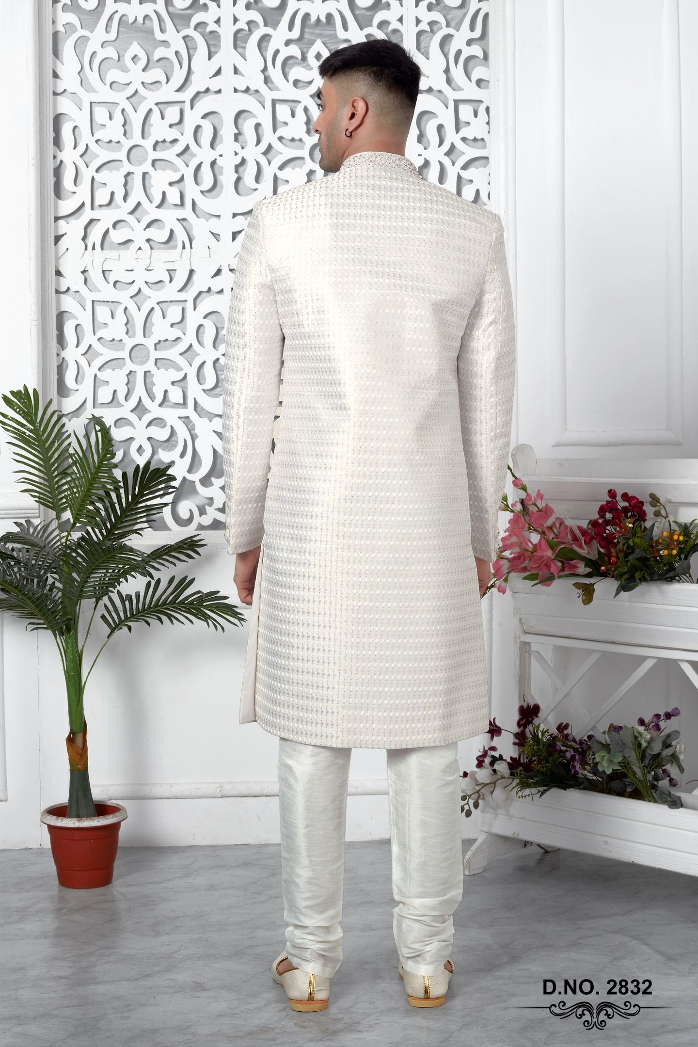 Light Golden Art Silk Mens Kurta for Wedding & Pajama with Embroidery Work