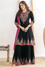 Black Chinon Silk Plazo Suit For Indian & Pakistani Wedding Festival - Swarovski Work, Dabka Work, Thread Embroidery Work
