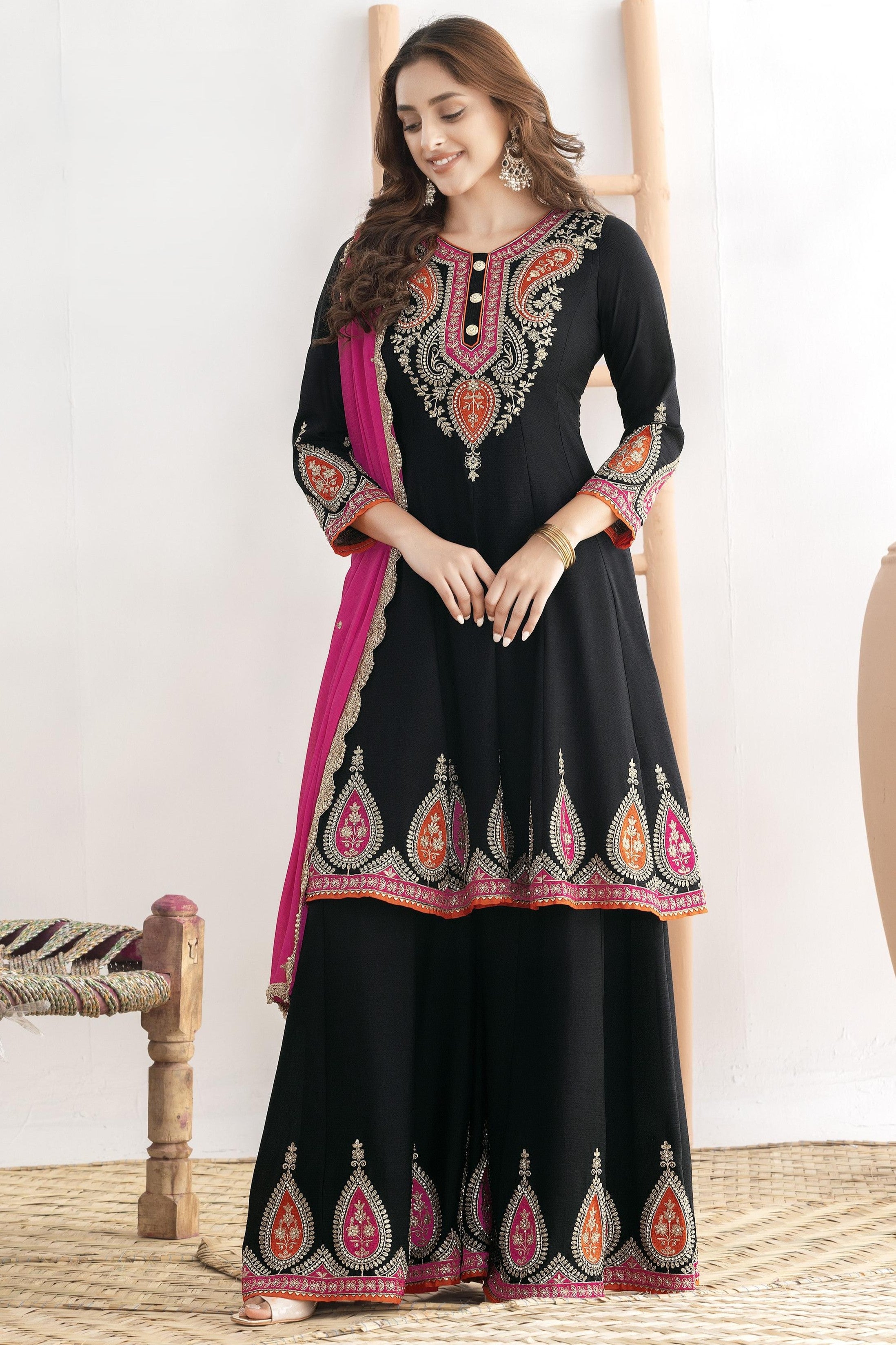 Black Chinon Silk Plazo Suit For Indian & Pakistani Wedding Festival - Swarovski Work, Dabka Work, Thread Embroidery Work