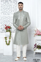 Pastel Teal Art Silk Sherwani and Mens Kurta for Wedding & Pajama with Embroidery Work