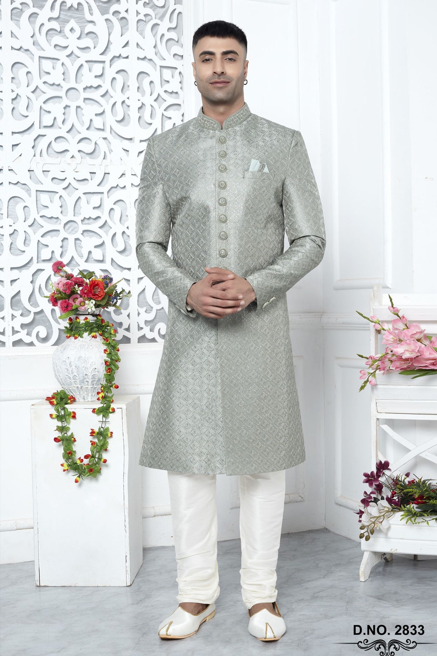 Pastel Teal Art Silk Sherwani and Mens Kurta for Wedding & Pajama with Embroidery Work