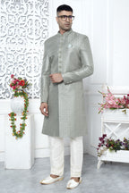 Pastel Teal Art Silk Sherwani and Mens Kurta for Wedding & Pajama with Embroidery Work