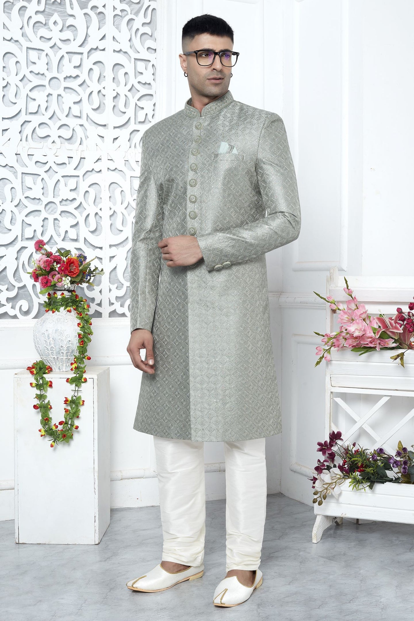 Pastel Teal Art Silk Sherwani and Mens Kurta for Wedding & Pajama with Embroidery Work