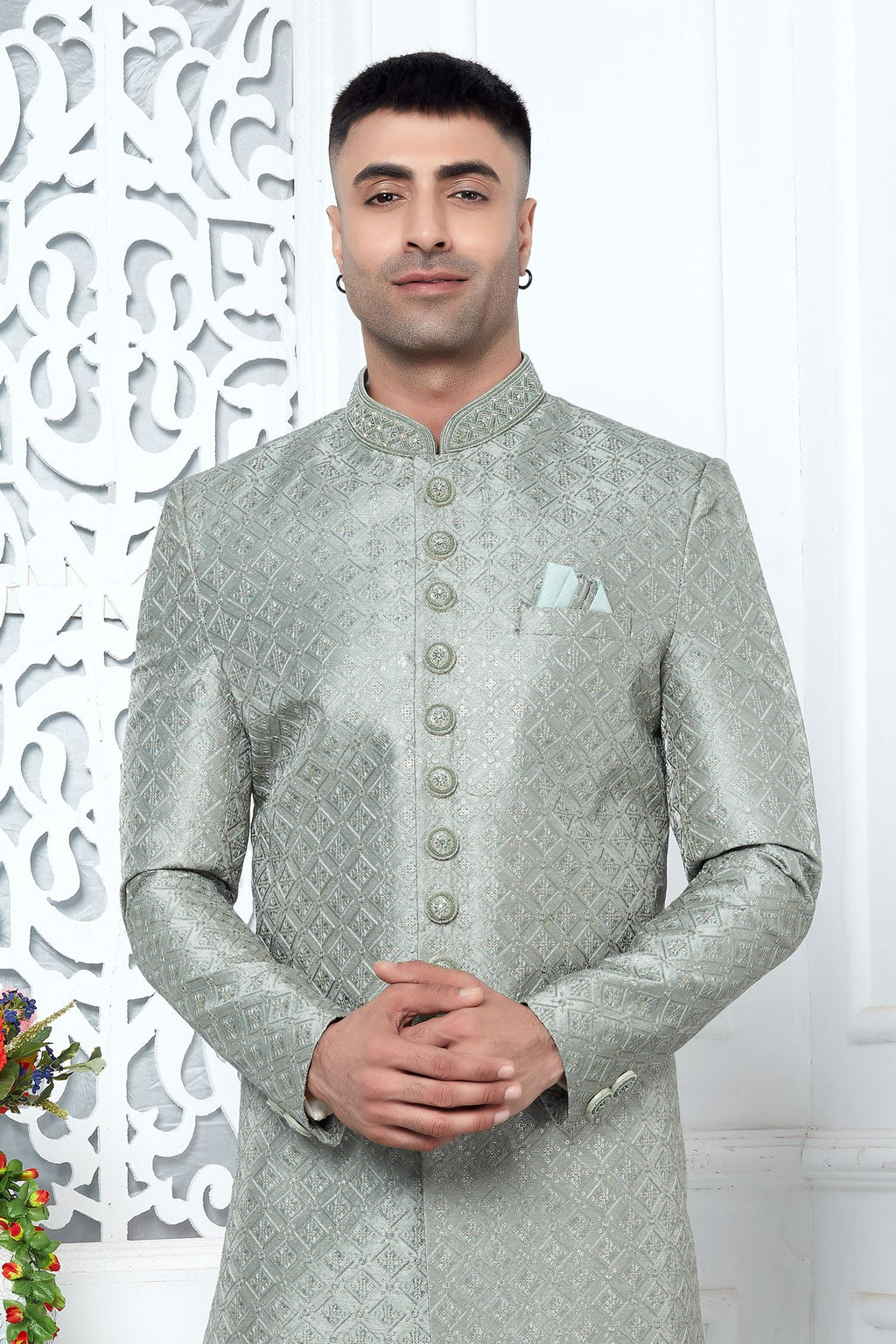 Pastel Teal Art Silk Sherwani and Mens Kurta for Wedding & Pajama with Embroidery Work