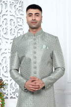 Pastel Teal Art Silk Sherwani and Mens Kurta for Wedding & Pajama with Embroidery Work