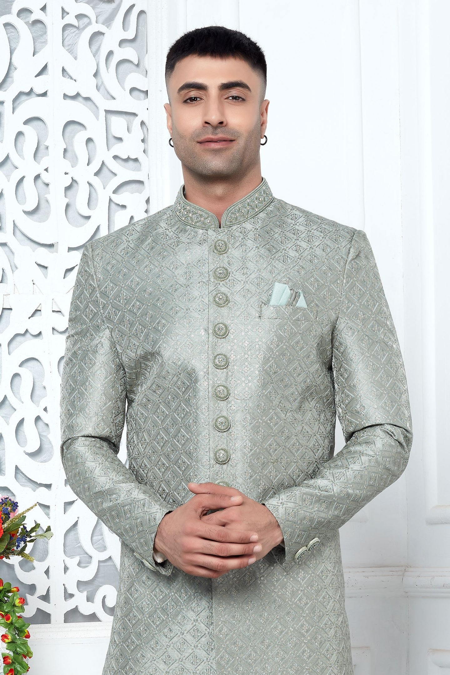 Pastel Teal Art Silk Sherwani and Mens Kurta for Wedding & Pajama with Embroidery Work