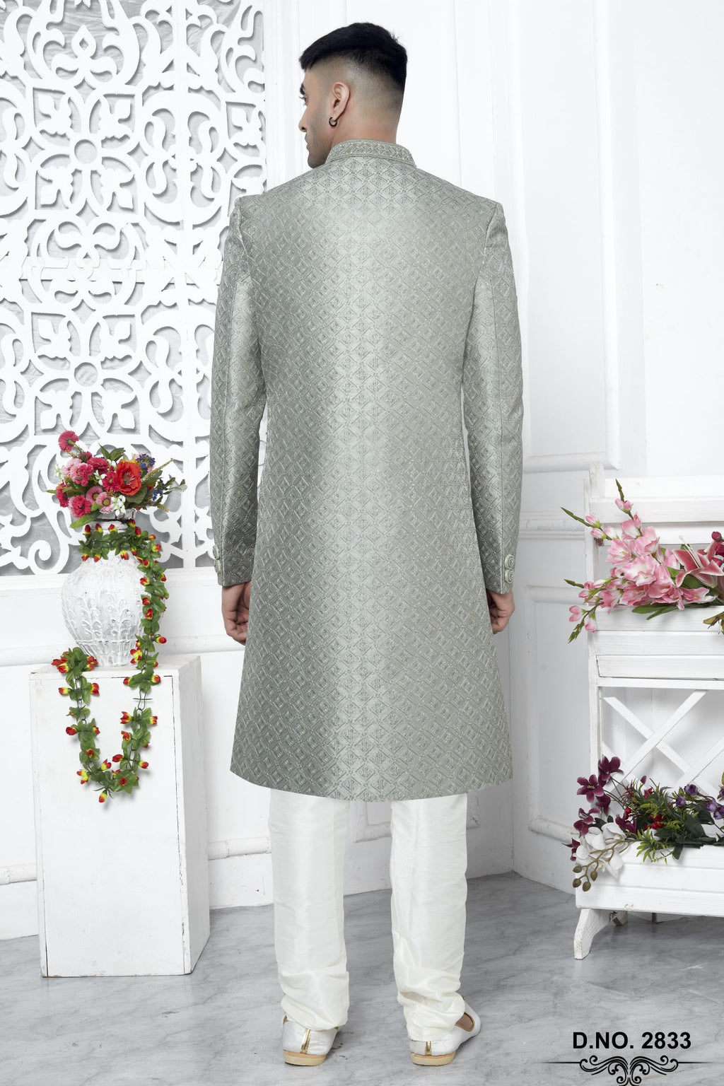 Pastel Teal Art Silk Sherwani and Mens Kurta for Wedding & Pajama with Embroidery Work