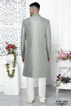 Pastel Teal Art Silk Sherwani and Mens Kurta for Wedding & Pajama with Embroidery Work
