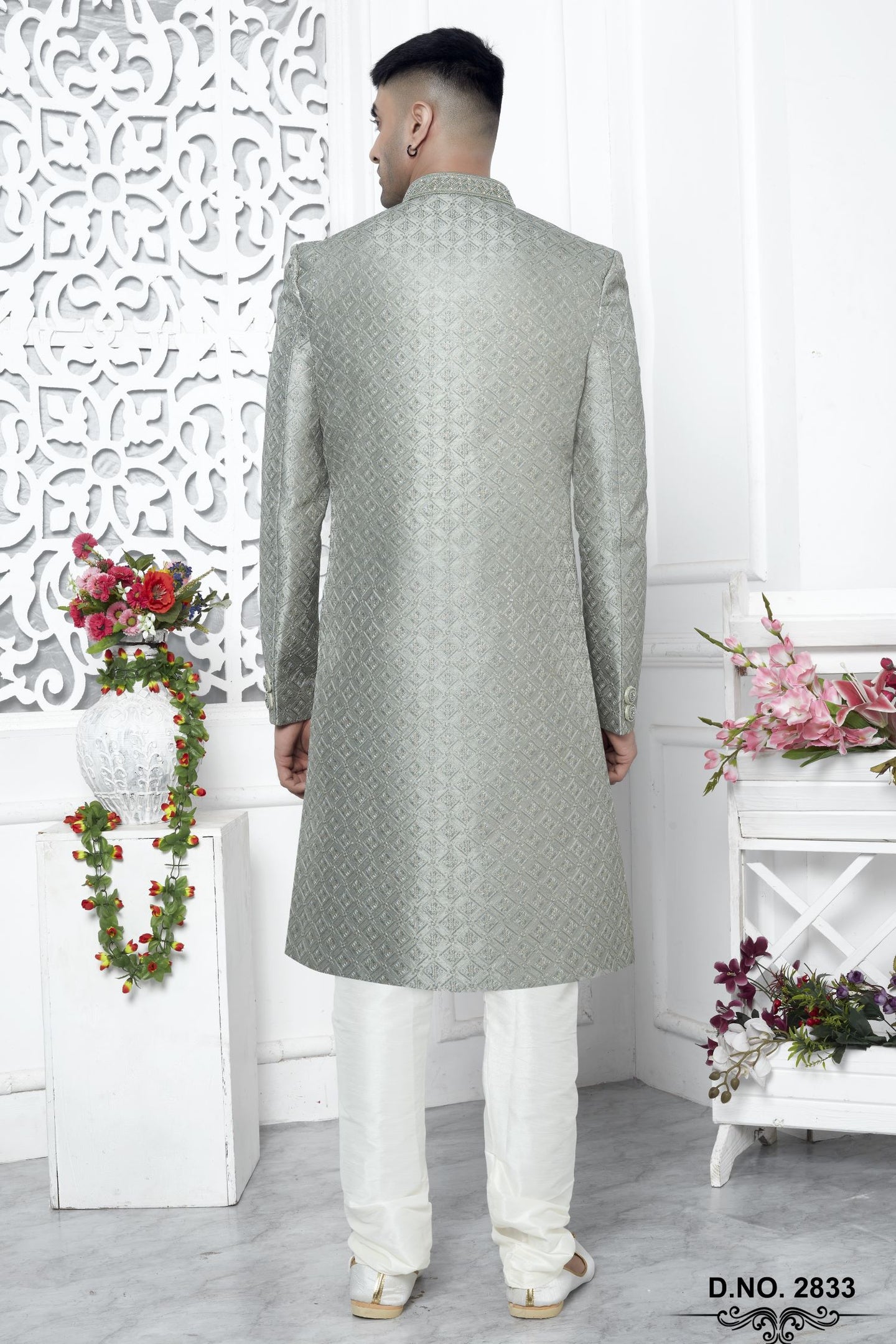 Pastel Teal Art Silk Sherwani and Mens Kurta for Wedding & Pajama with Embroidery Work