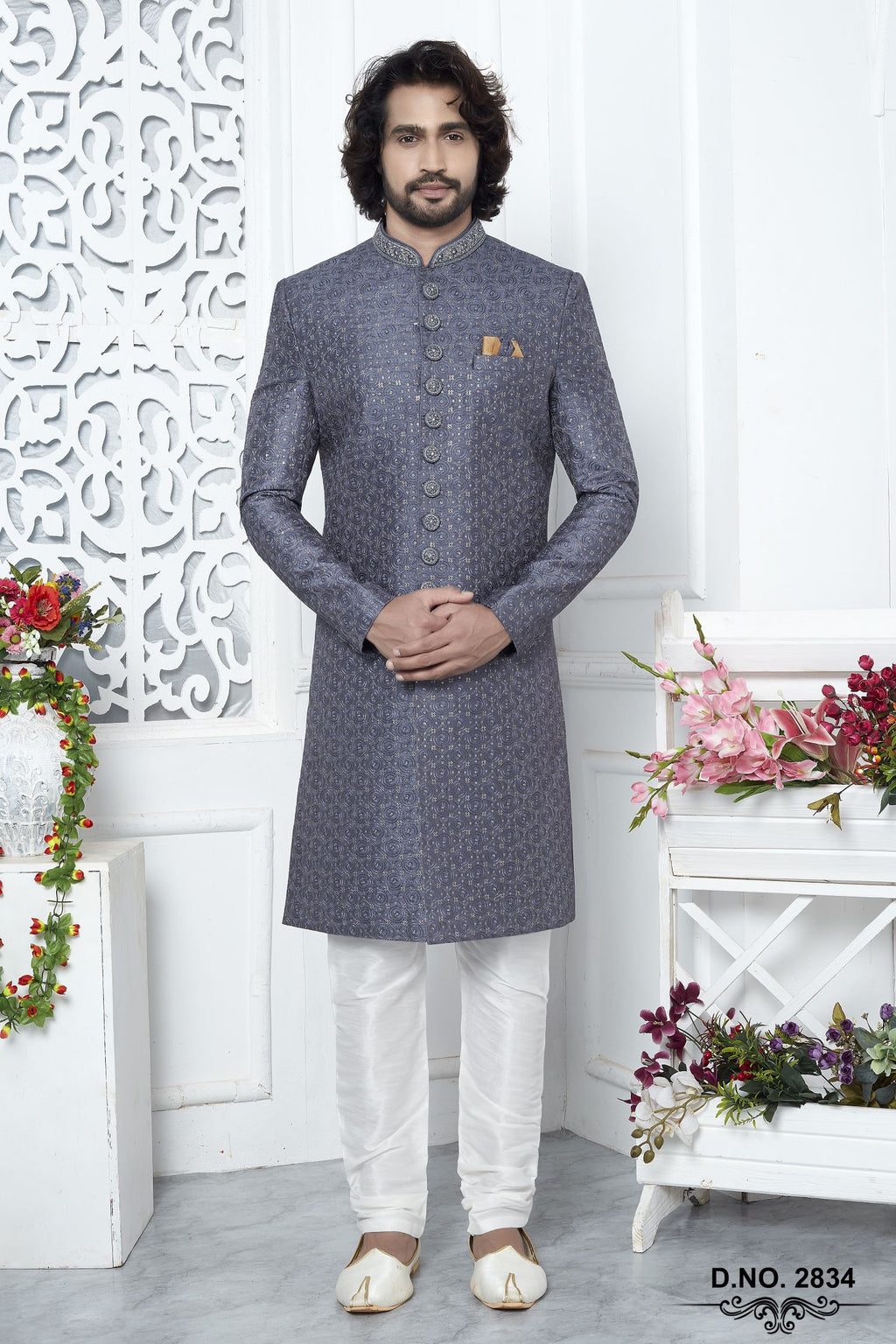 Dusty Blue Art Silk Mens Kurta for Wedding & Pajama Sherwani with Embroidery Work