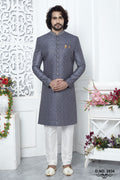Dusty Blue Art Silk Mens Kurta for Wedding & Pajama Sherwani with Embroidery Work