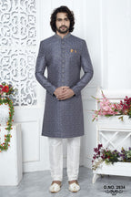 Dusty Blue Art Silk Mens Kurta for Wedding & Pajama Sherwani with Embroidery Work