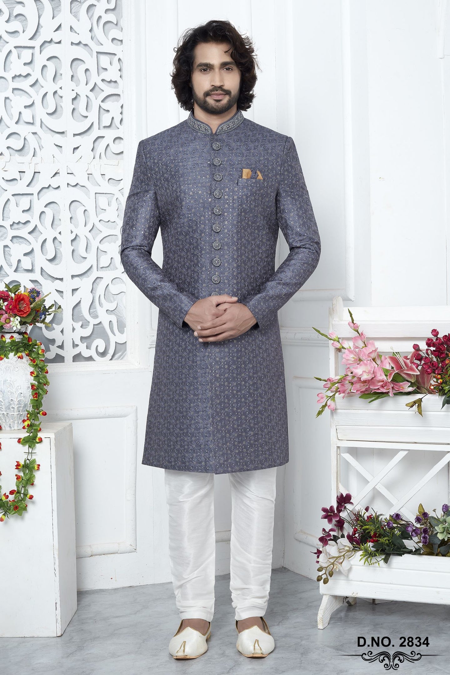Dusty Blue Art Silk Mens Kurta for Wedding & Pajama Sherwani with Embroidery Work