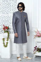 Dusty Blue Art Silk Mens Kurta for Wedding & Pajama Sherwani with Embroidery Work
