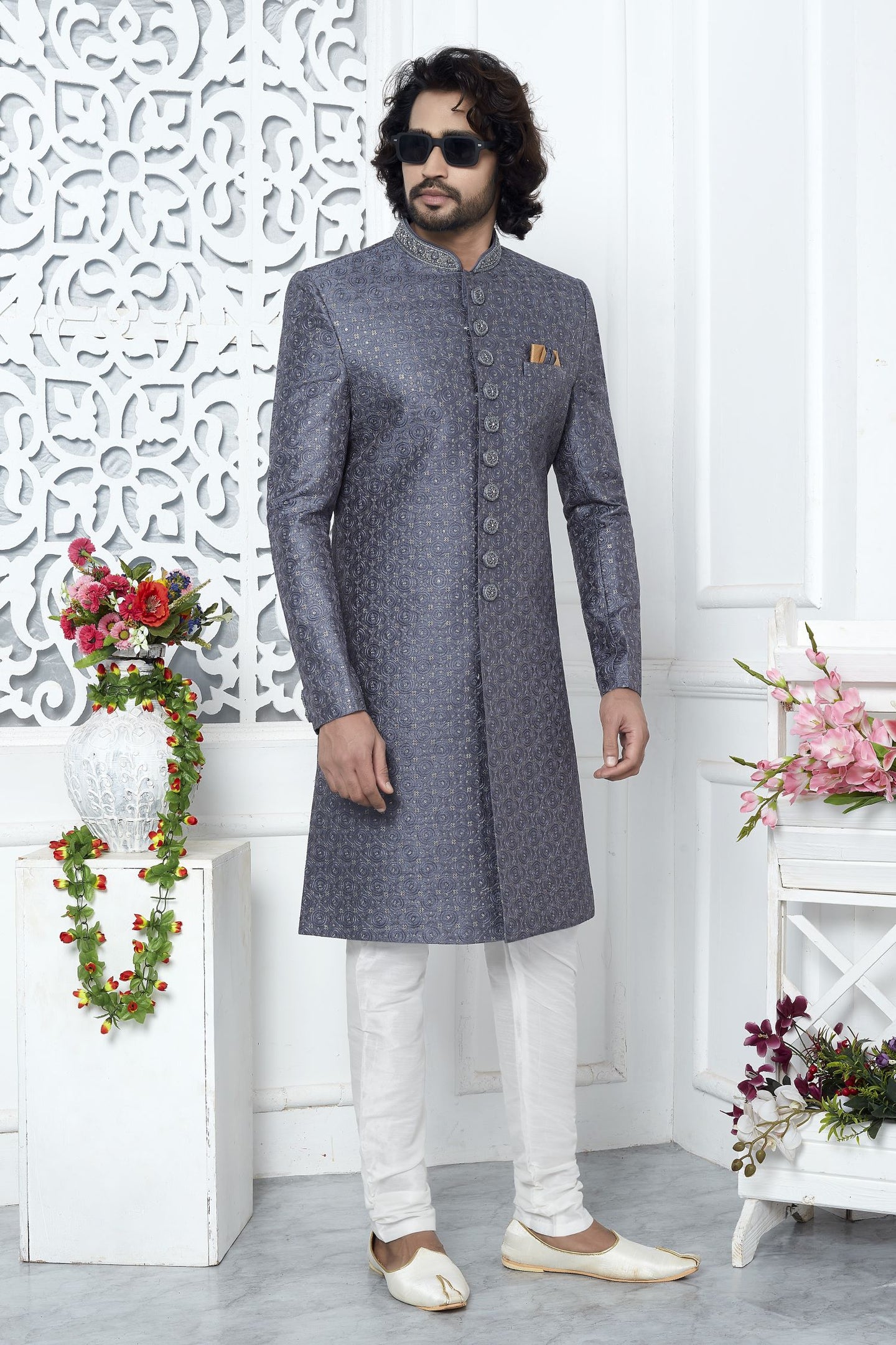 Dusty Blue Art Silk Mens Kurta for Wedding & Pajama Sherwani with Embroidery Work