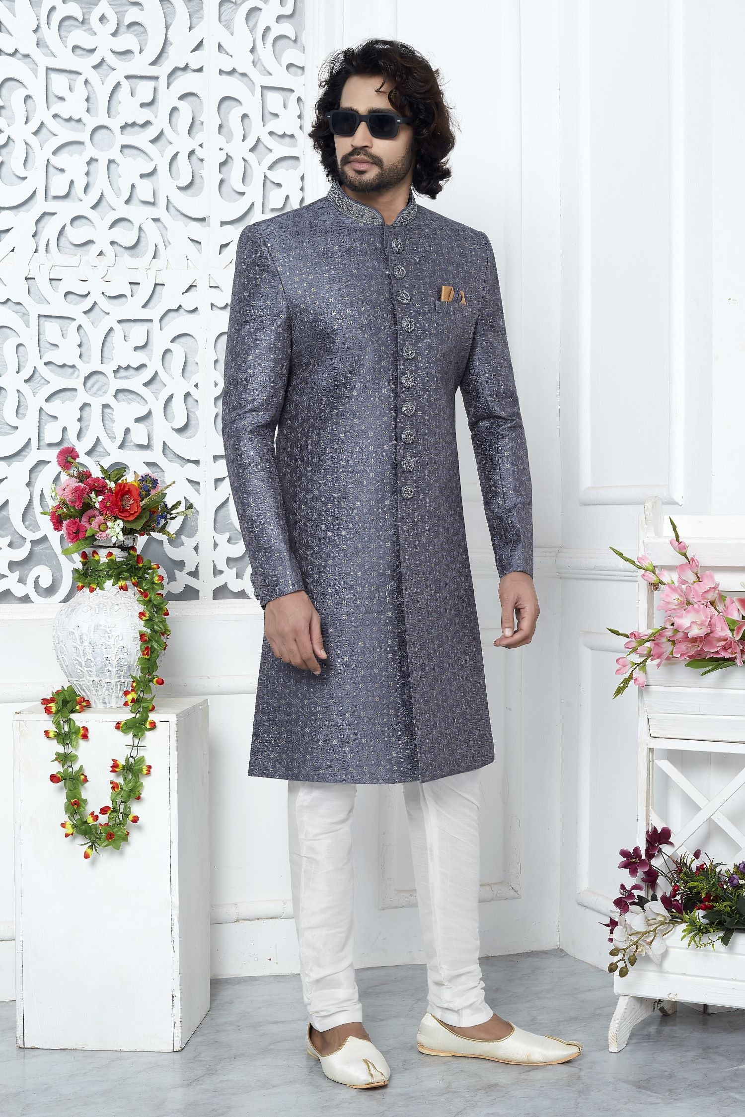 Dusty Blue Art Silk Mens Kurta for Wedding & Pajama Sherwani with Embroidery Work