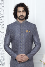 Dusty Blue Art Silk Mens Kurta for Wedding & Pajama Sherwani with Embroidery Work