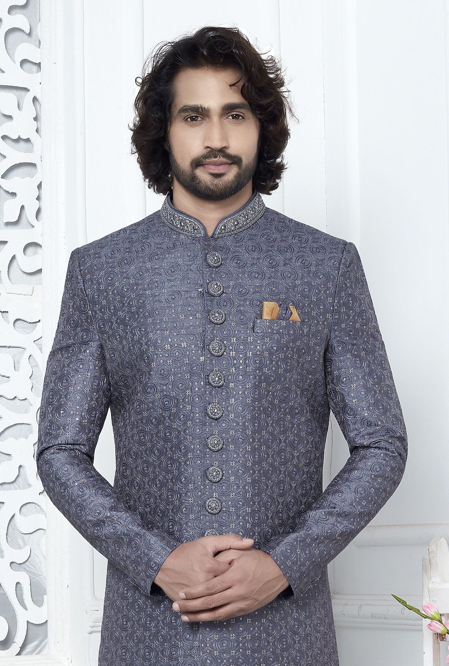 Dusty Blue Art Silk Mens Kurta for Wedding & Pajama Sherwani with Embroidery Work