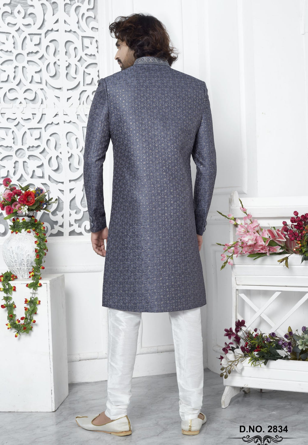 Dusty Blue Art Silk Mens Kurta for Wedding & Pajama Sherwani with Embroidery Work