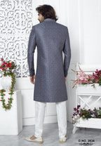 Dusty Blue Art Silk Mens Kurta for Wedding & Pajama Sherwani with Embroidery Work