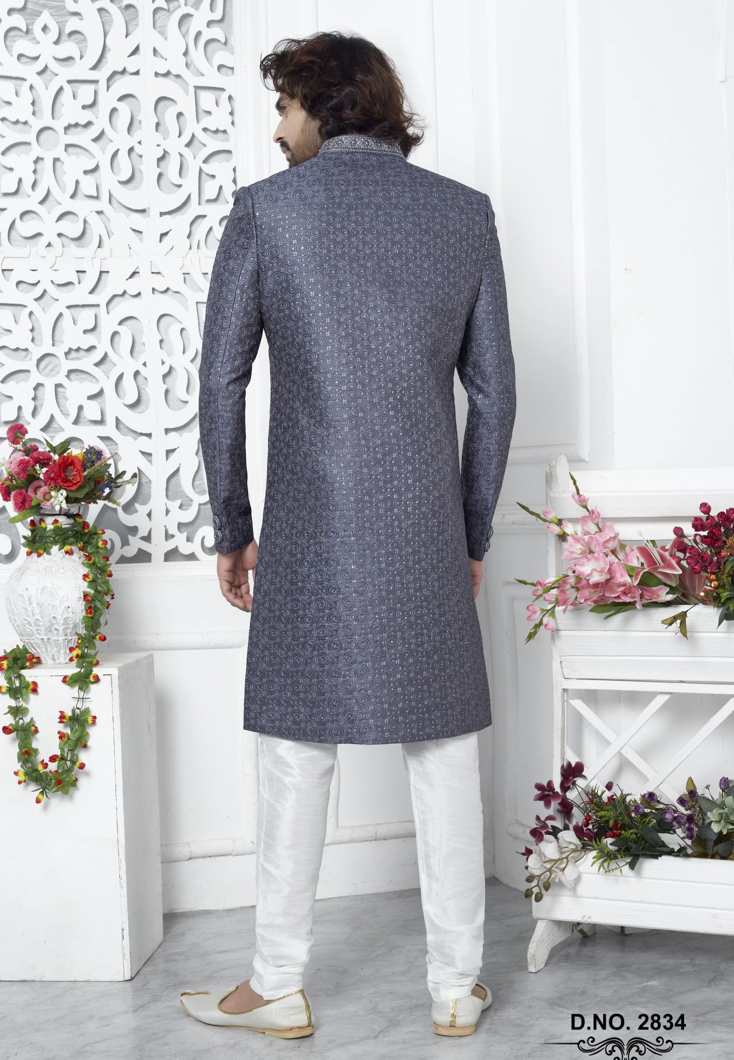 Dusty Blue Art Silk Mens Kurta for Wedding & Pajama Sherwani with Embroidery Work