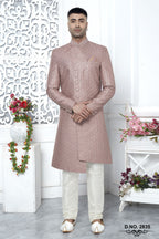 Rust Pink Art Silk 222Mens Kurta for Wedding & Pajama Sherwani with Embroidery Work