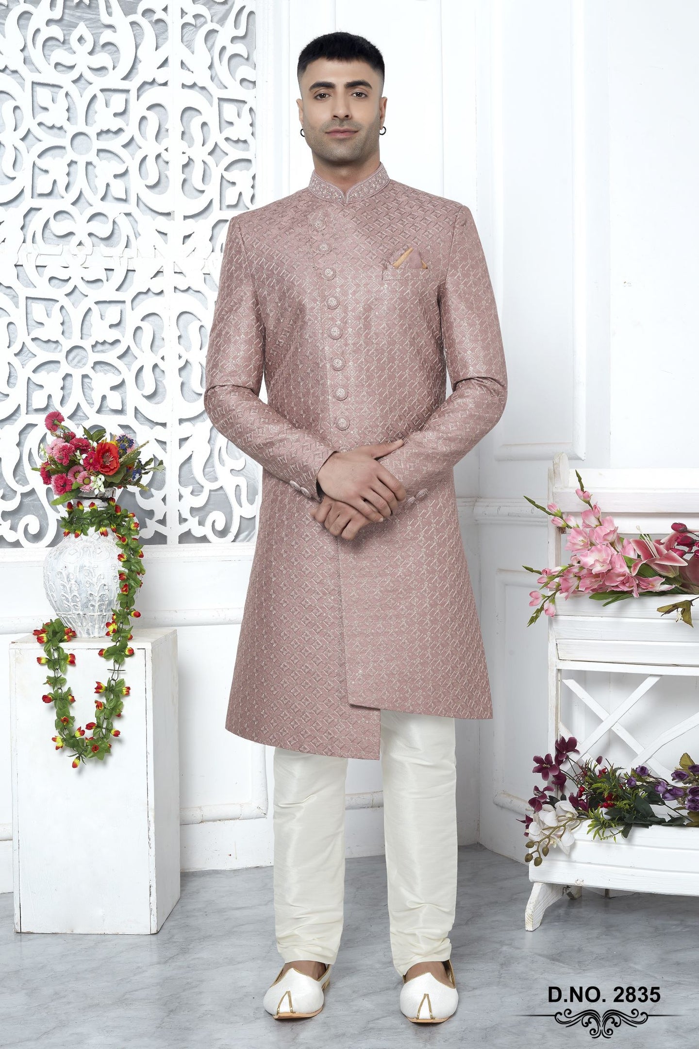 Rust Pink Art Silk 222Mens Kurta for Wedding & Pajama Sherwani with Embroidery Work