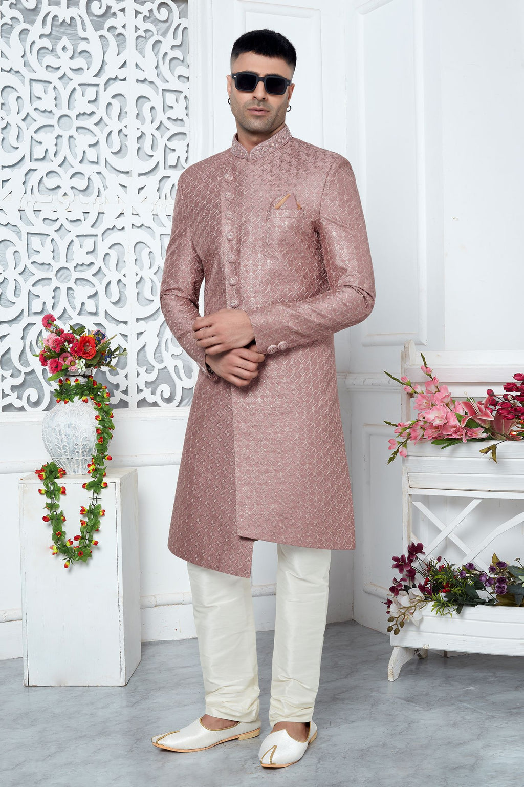 Rust Pink Art Silk 222Mens Kurta for Wedding & Pajama Sherwani with Embroidery Work