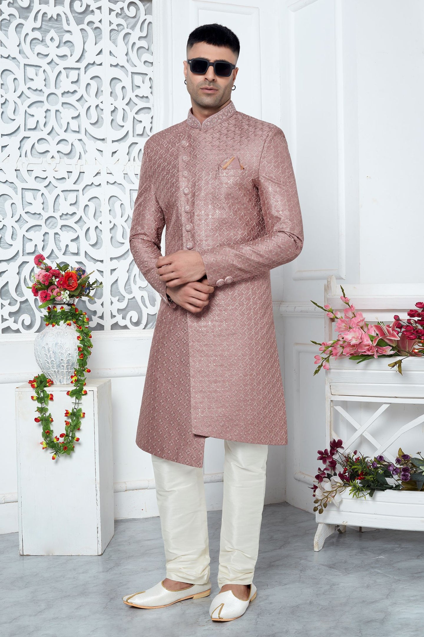 Rust Pink Art Silk 222Mens Kurta for Wedding & Pajama Sherwani with Embroidery Work