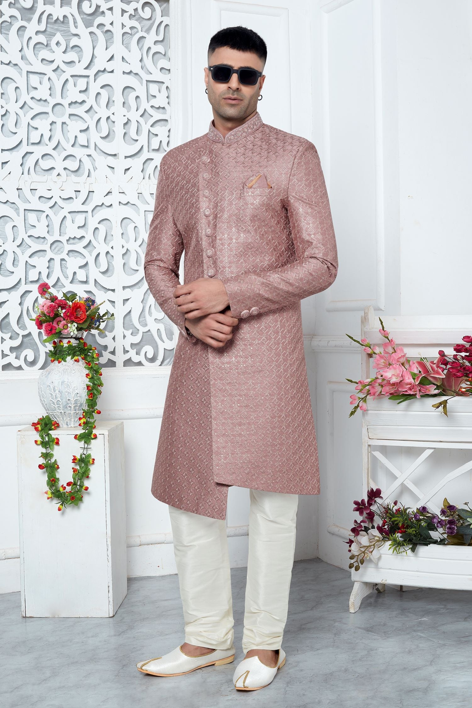 Rust Pink Art Silk 222Mens Kurta for Wedding & Pajama Sherwani with Embroidery Work