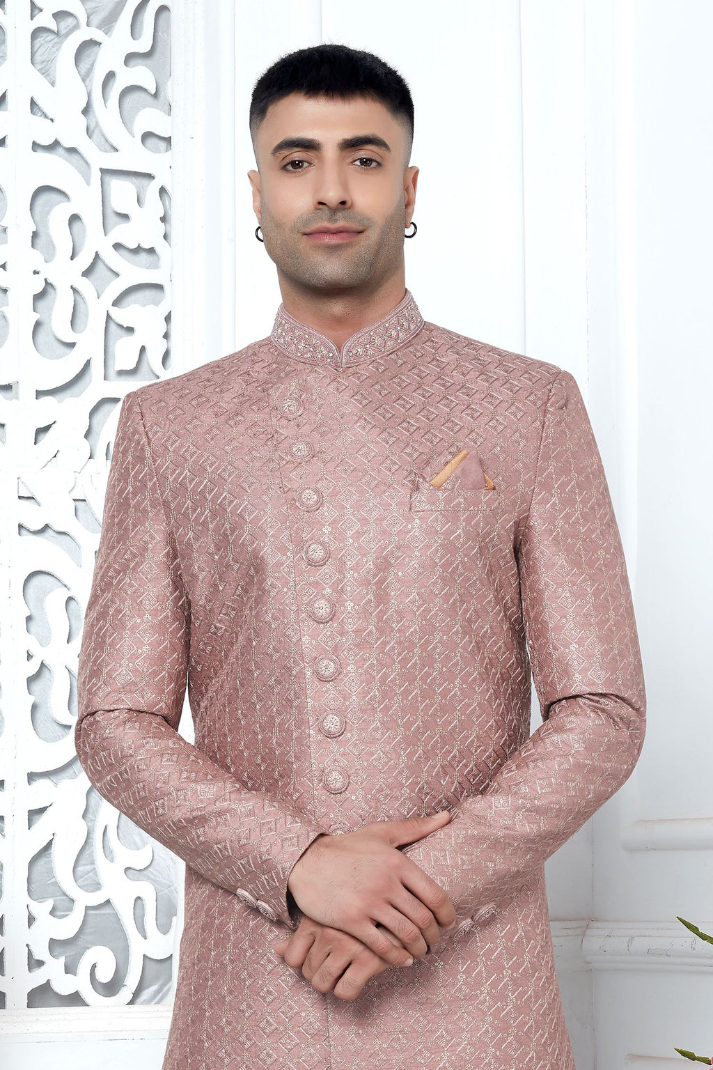 Rust Pink Art Silk 222Mens Kurta for Wedding & Pajama Sherwani with Embroidery Work