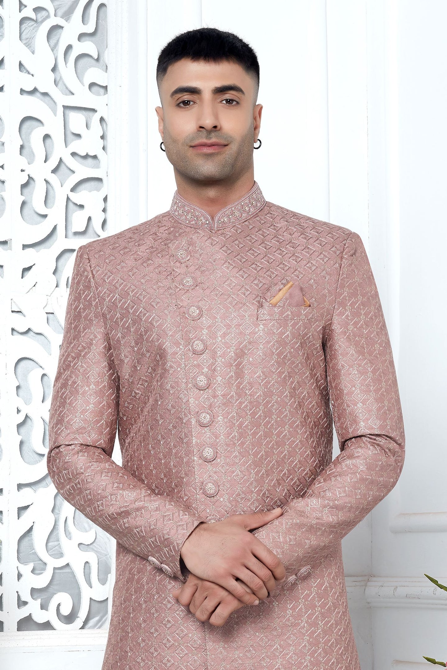 Rust Pink Art Silk 222Mens Kurta for Wedding & Pajama Sherwani with Embroidery Work