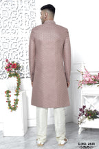 Rust Pink Art Silk 222Mens Kurta for Wedding & Pajama Sherwani with Embroidery Work