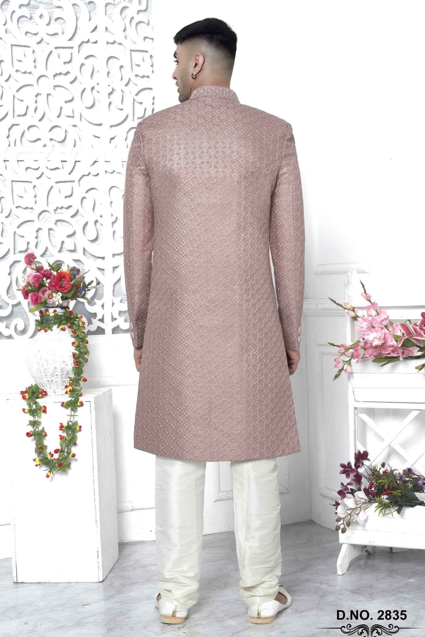 Rust Pink Art Silk 222Mens Kurta for Wedding & Pajama Sherwani with Embroidery Work