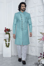Dark Turquoise Art Silk Embroidery Wedding Kurta for Men & Pajama Sherwani